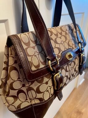 Coach Brown Signature Canvas Shoulder Bag with Dark Brown Leather Trim